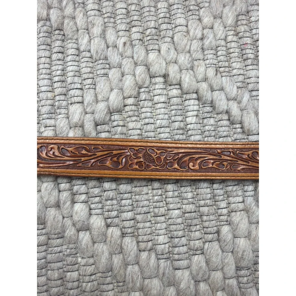 Leather Belt Womens 28 Brown Floral Hand Tooled Western Silver Buckle Vtg